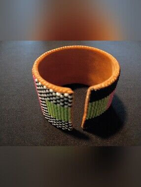 Noonday Collection Brown Leather Cuff Bracelet with Green and Pink Beading